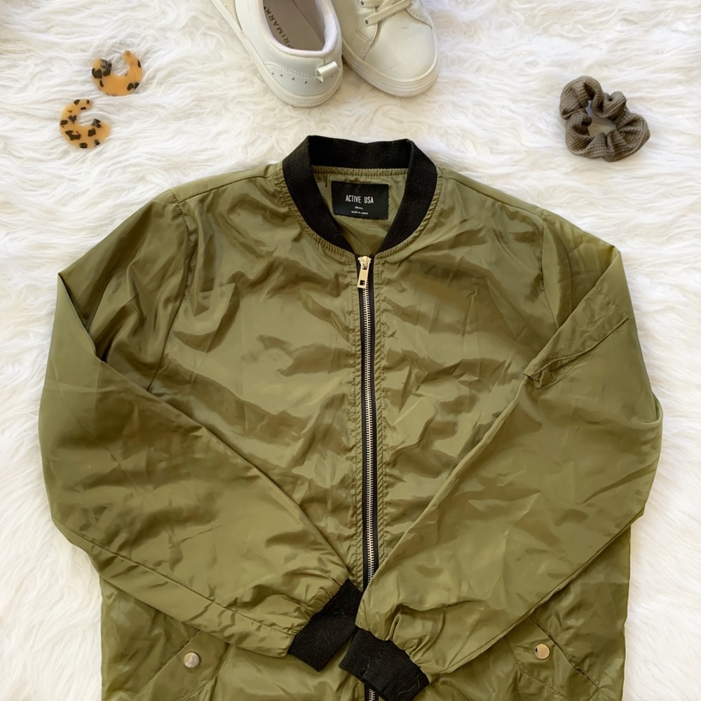 Active USA Olive Green Long Bomber Jacket